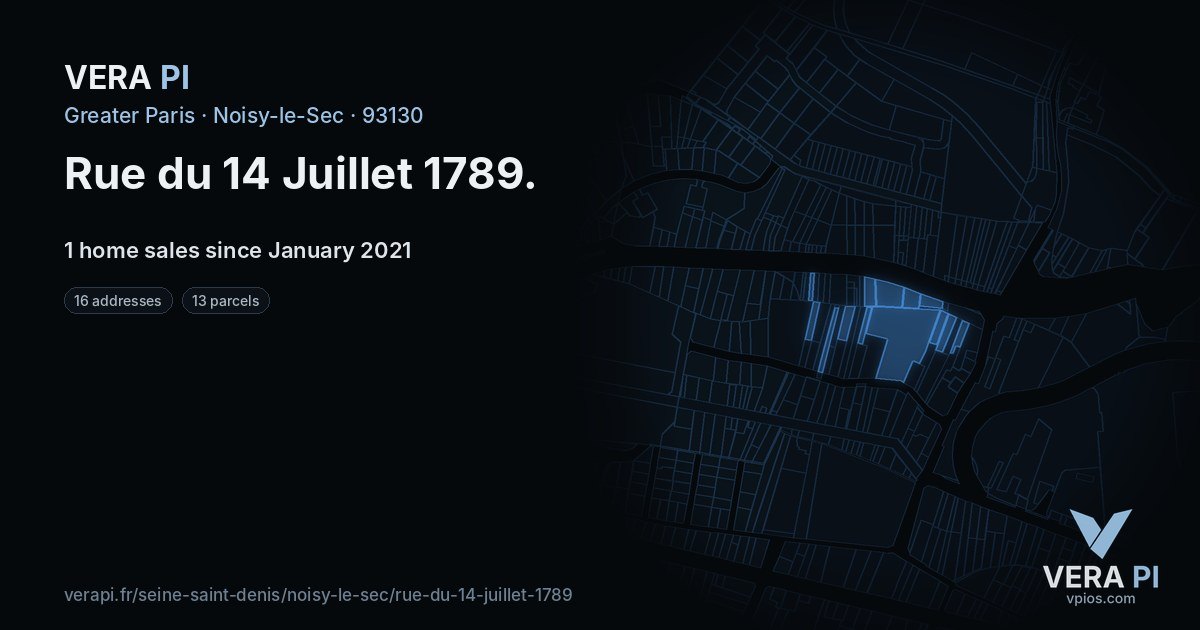 Rue du 14 Juillet 1789, Noisy-le-Sec at night – every parcel coloured by the prices around it, the street's own parcels lit