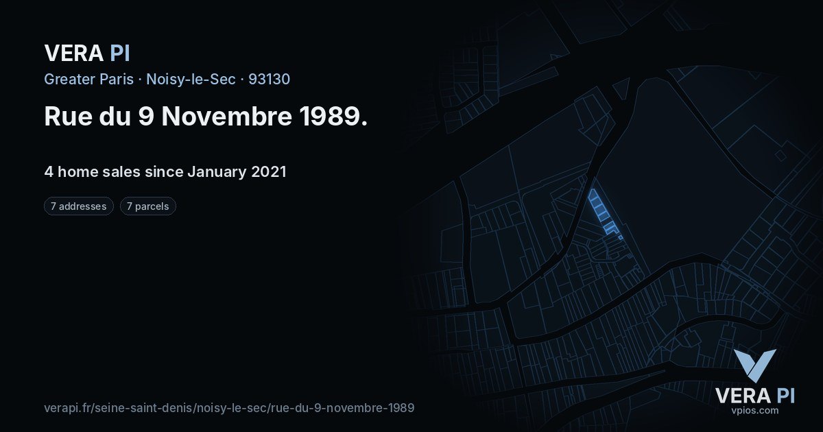 Rue du 9 Novembre 1989, Noisy-le-Sec at night – every parcel coloured by the prices around it, the street's own parcels lit