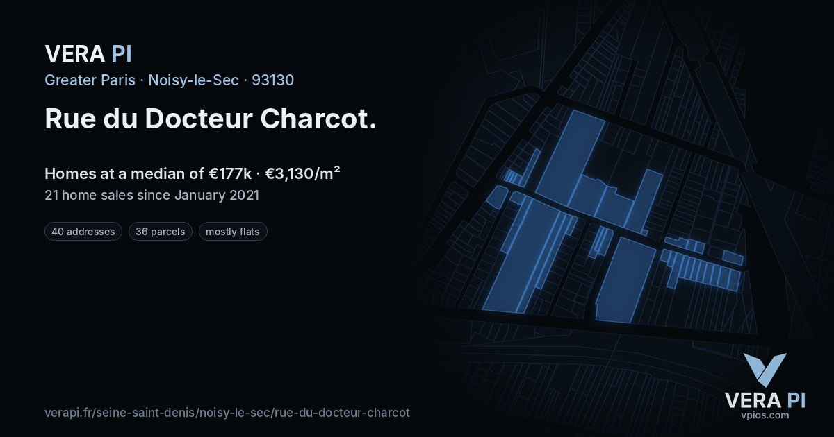 Rue du Docteur Charcot, Noisy-le-Sec at night – every parcel coloured by the prices around it, the street's own parcels lit