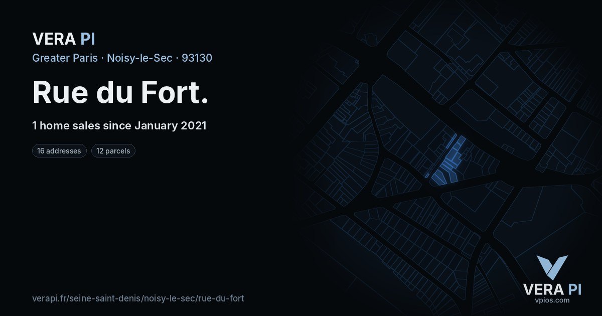 Rue du Fort, Noisy-le-Sec at night – every parcel coloured by the prices around it, the street's own parcels lit