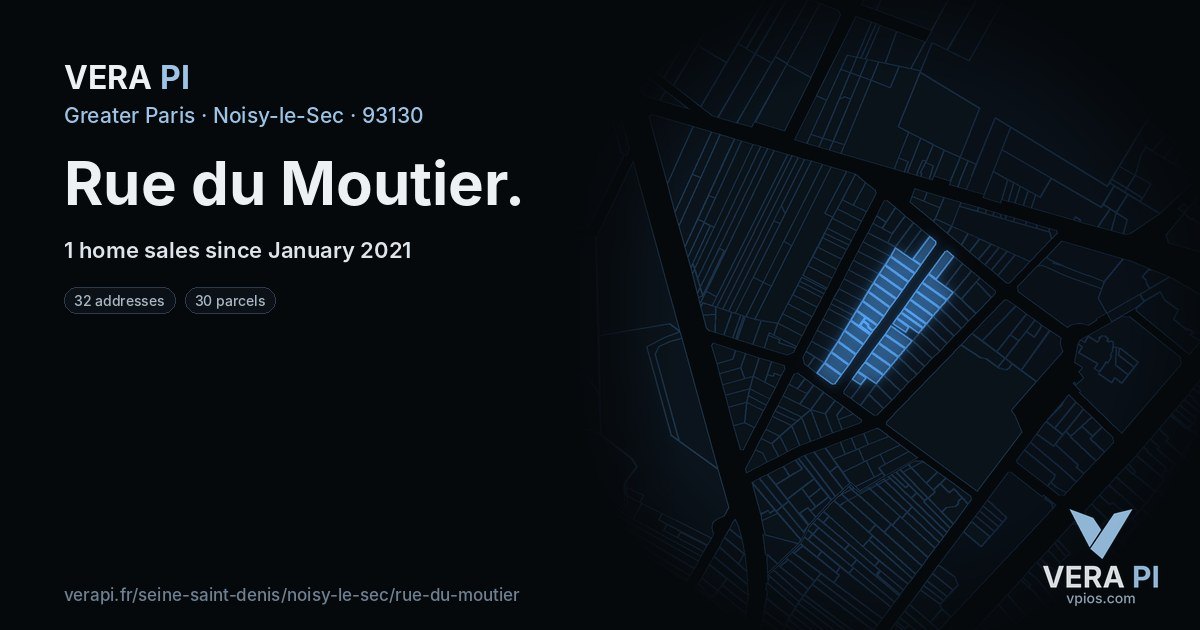 Rue du Moutier, Noisy-le-Sec at night – every parcel coloured by the prices around it, the street's own parcels lit