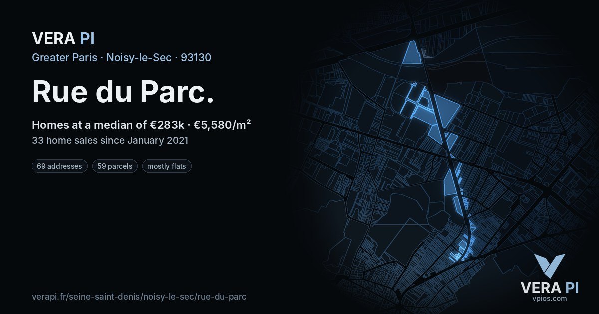 Rue du Parc, Noisy-le-Sec at night – every parcel coloured by the prices around it, the street's own parcels lit