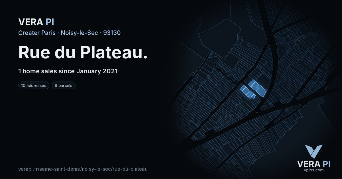 Rue du Plateau, Noisy-le-Sec at night – every parcel coloured by the prices around it, the street's own parcels lit