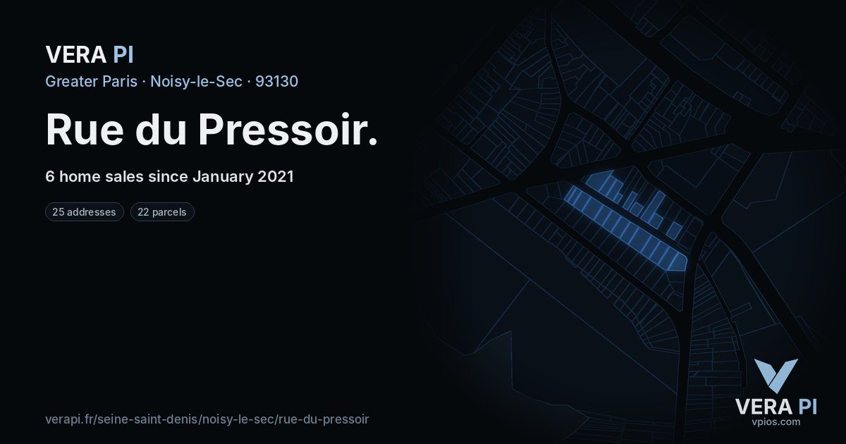 Rue du Pressoir, Noisy-le-Sec at night – every parcel coloured by the prices around it, the street's own parcels lit