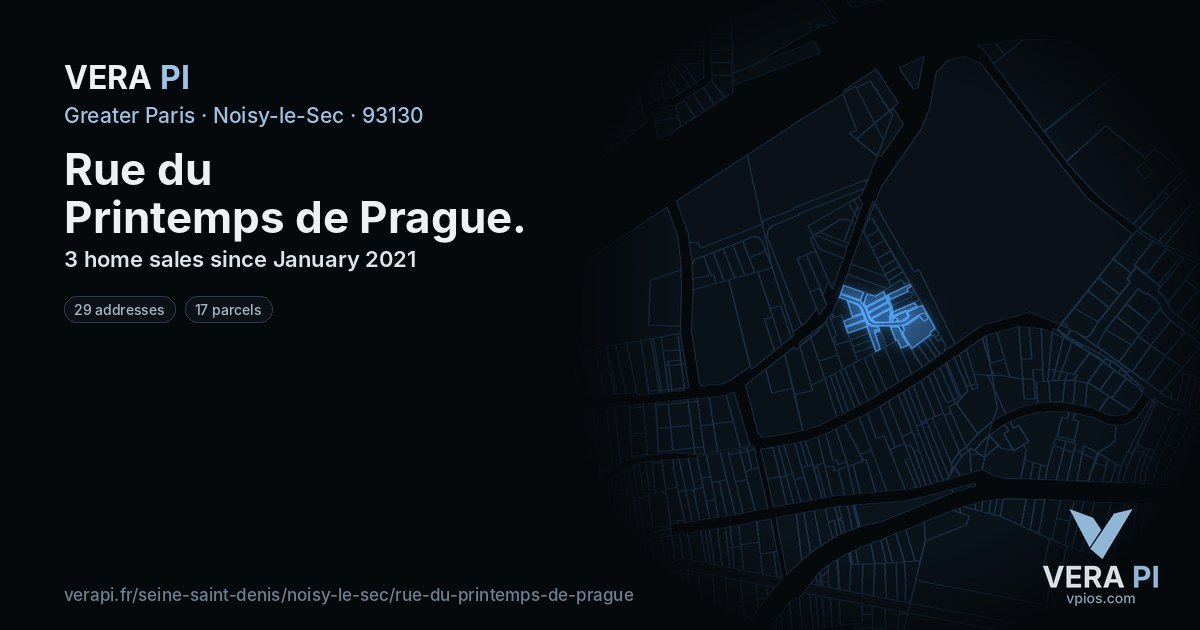 Rue du Printemps de Prague, Noisy-le-Sec at night – every parcel coloured by the prices around it, the street's own parcels lit