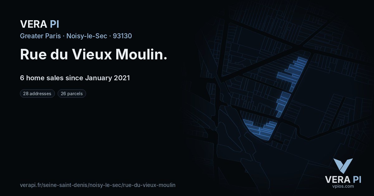 Rue du Vieux Moulin, Noisy-le-Sec at night – every parcel coloured by the prices around it, the street's own parcels lit