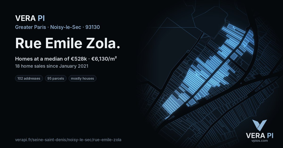 Rue Emile Zola, Noisy-le-Sec at night – every parcel coloured by the prices around it, the street's own parcels lit