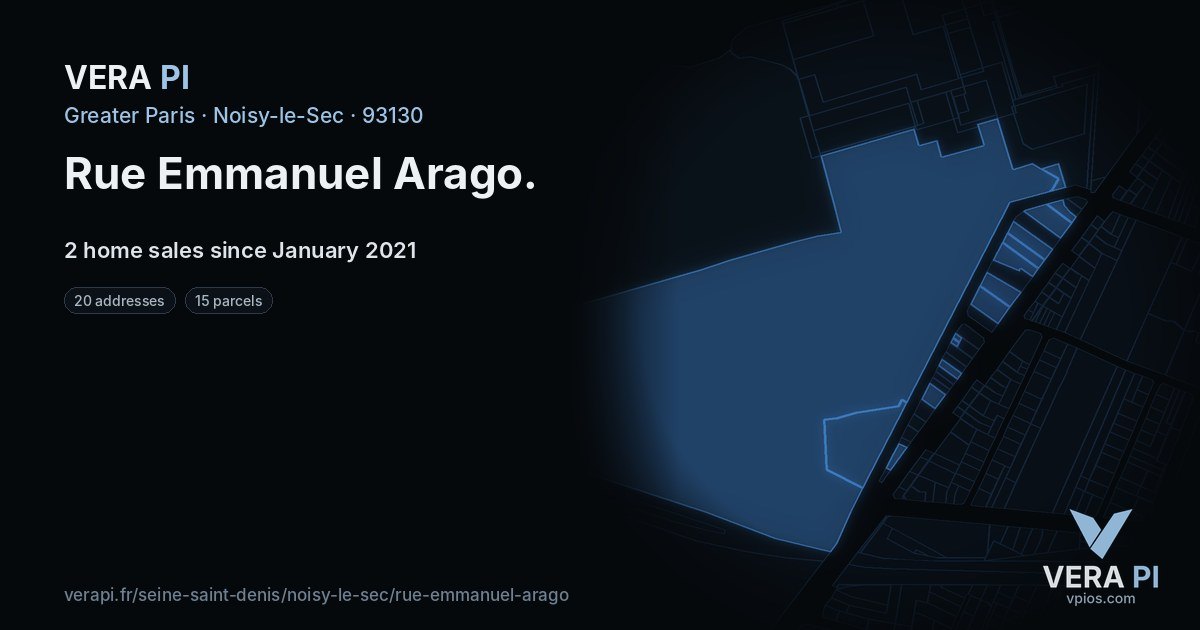 Rue Emmanuel Arago, Noisy-le-Sec at night – every parcel coloured by the prices around it, the street's own parcels lit