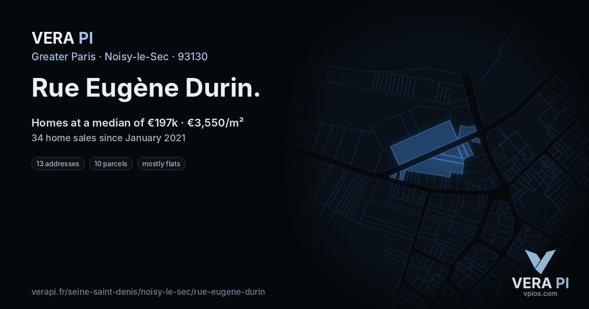Rue Eugène Durin, Noisy-le-Sec at night – every parcel coloured by the prices around it, the street's own parcels lit