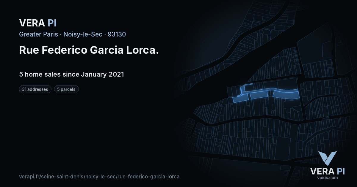 Rue Federico Garcia Lorca, Noisy-le-Sec at night – every parcel coloured by the prices around it, the street's own parcels lit