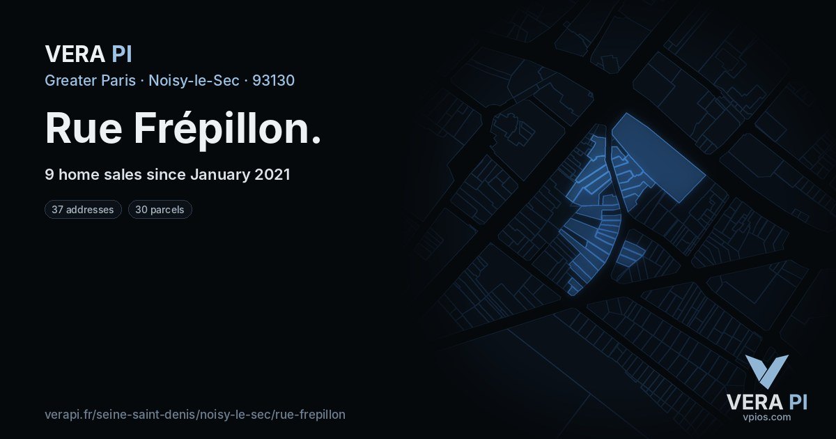 Rue Frépillon, Noisy-le-Sec at night – every parcel coloured by the prices around it, the street's own parcels lit