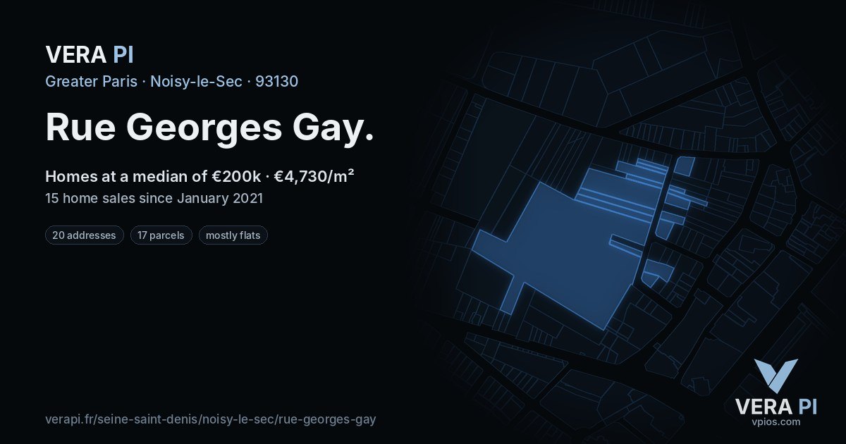 Rue Georges Gay, Noisy-le-Sec at night – every parcel coloured by the prices around it, the street's own parcels lit
