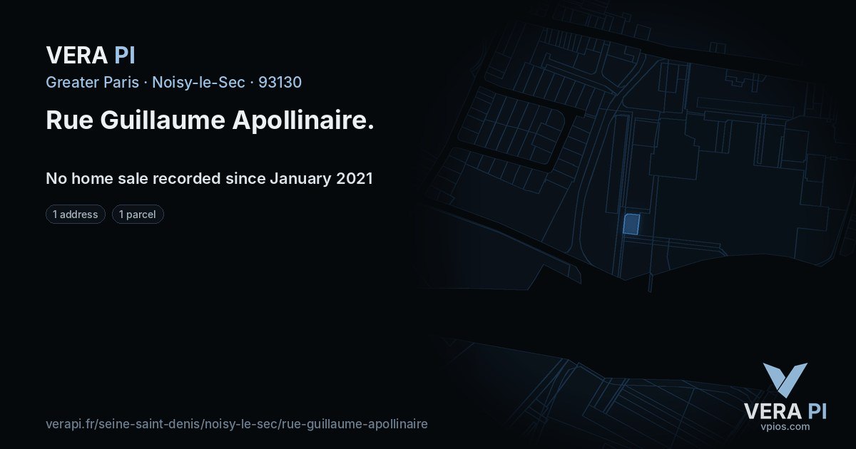 Rue Guillaume Apollinaire, Noisy-le-Sec at night – every parcel coloured by the prices around it, the street's own parcels lit