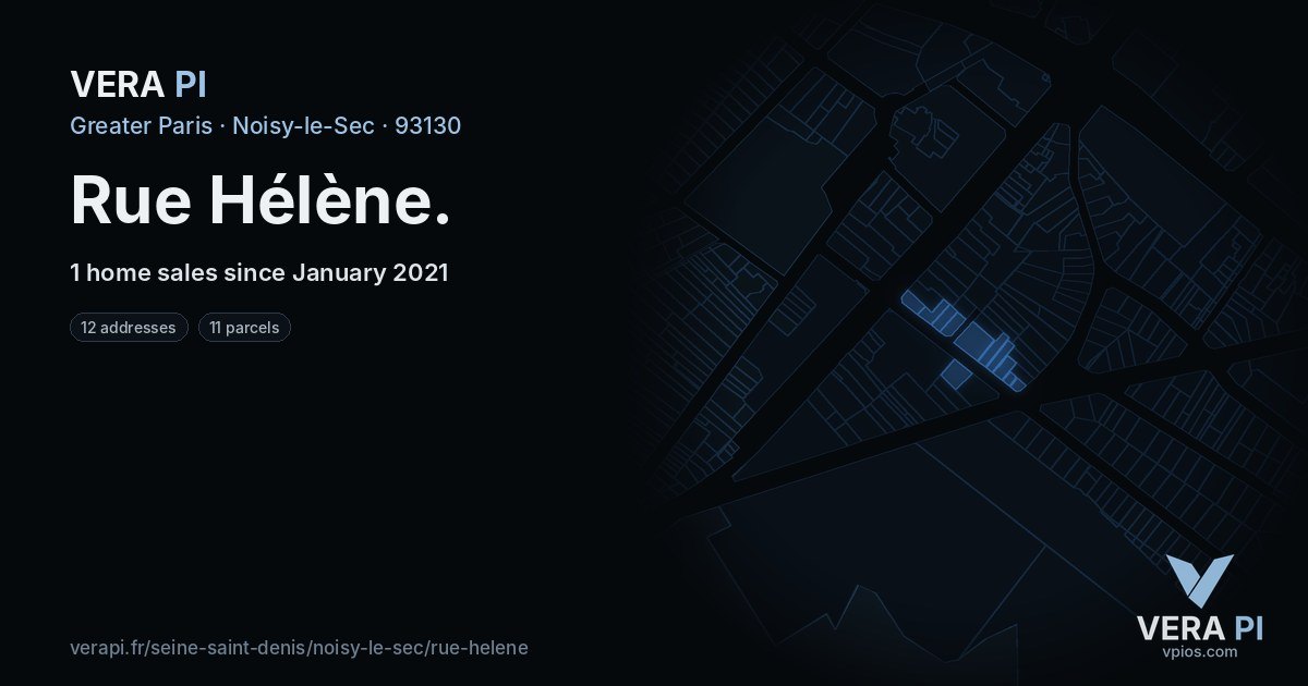 Rue Hélène, Noisy-le-Sec at night – every parcel coloured by the prices around it, the street's own parcels lit