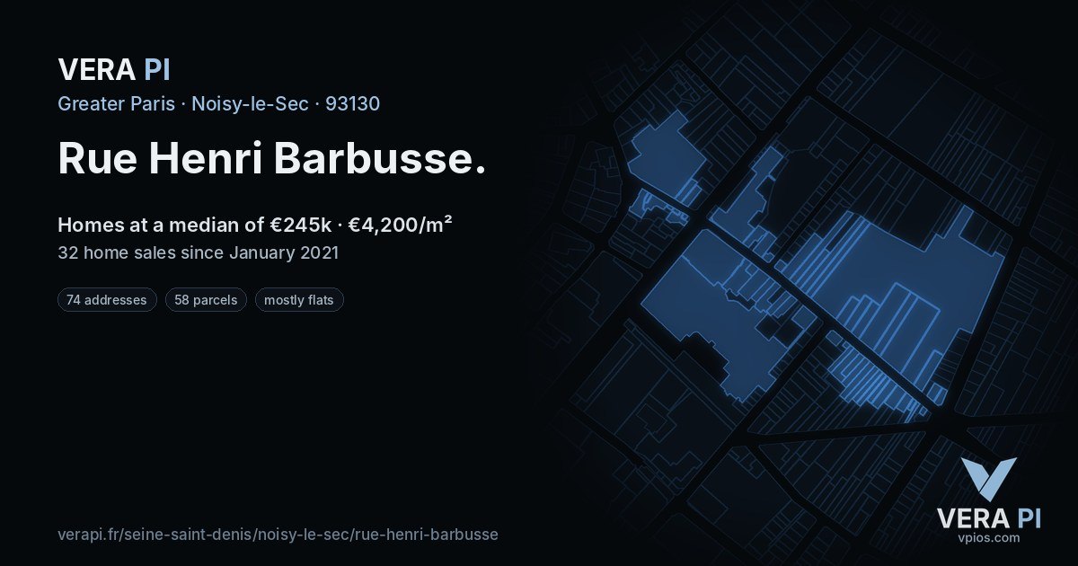 Rue Henri Barbusse, Noisy-le-Sec at night – every parcel coloured by the prices around it, the street's own parcels lit
