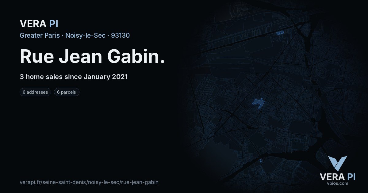 Rue Jean Gabin, Noisy-le-Sec at night – every parcel coloured by the prices around it, the street's own parcels lit