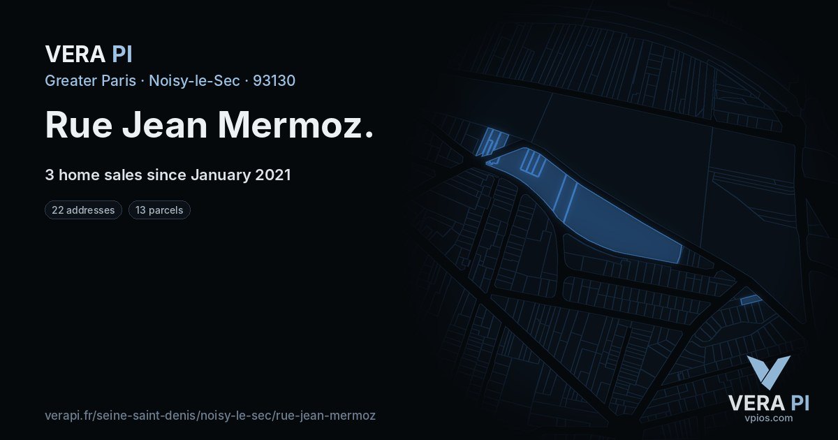 Rue Jean Mermoz, Noisy-le-Sec at night – every parcel coloured by the prices around it, the street's own parcels lit