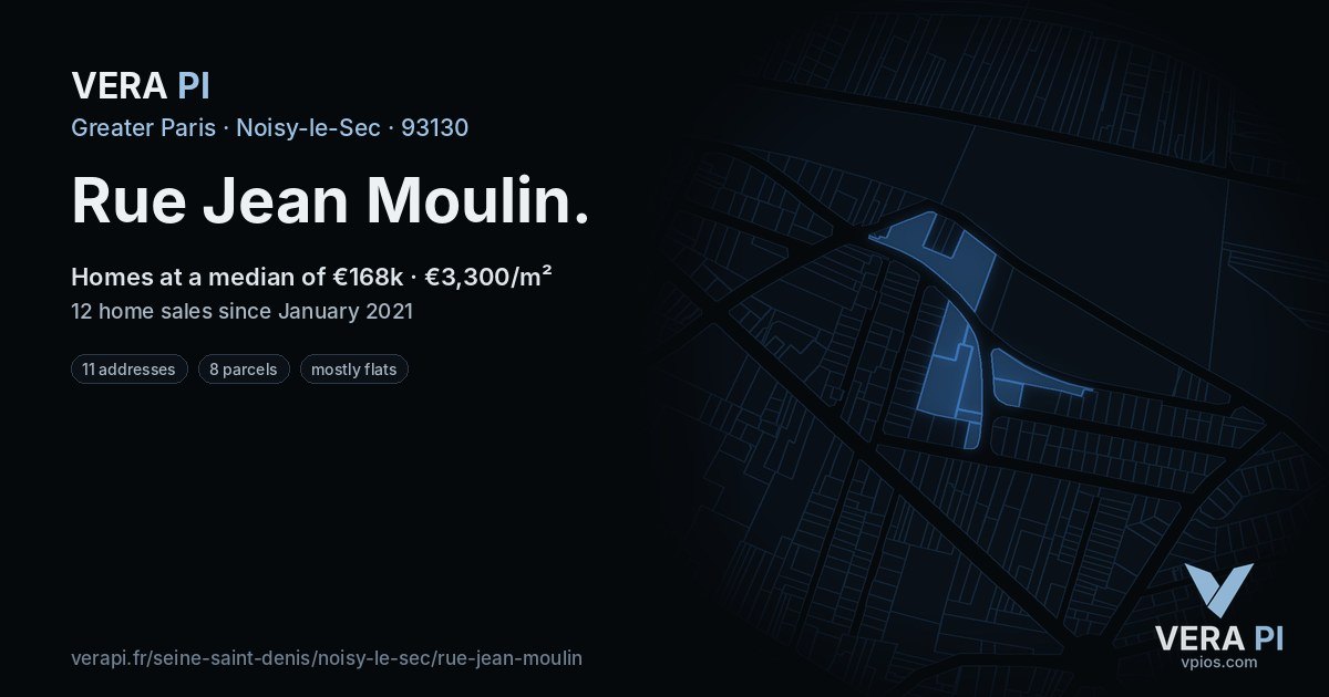 Rue Jean Moulin, Noisy-le-Sec at night – every parcel coloured by the prices around it, the street's own parcels lit