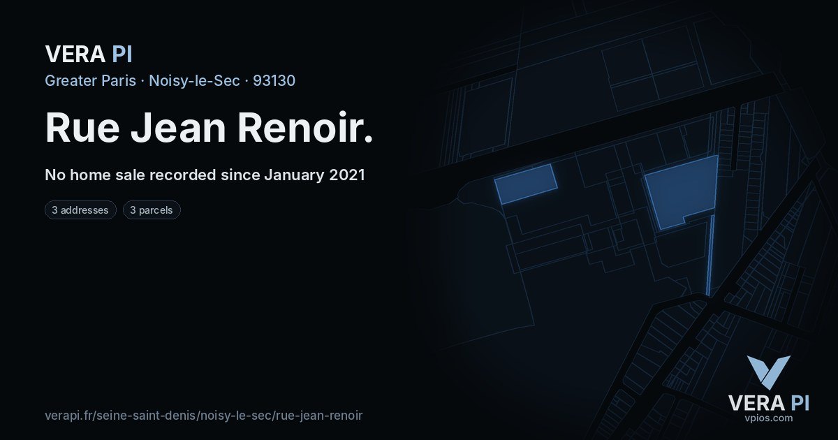 Rue Jean Renoir, Noisy-le-Sec at night – every parcel coloured by the prices around it, the street's own parcels lit