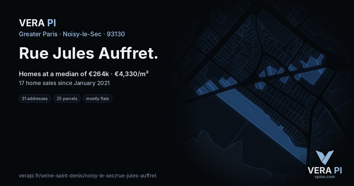 Rue Jules Auffret, Noisy-le-Sec at night – every parcel coloured by the prices around it, the street's own parcels lit