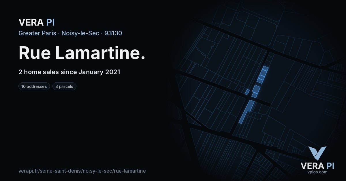 Rue Lamartine, Noisy-le-Sec at night – every parcel coloured by the prices around it, the street's own parcels lit