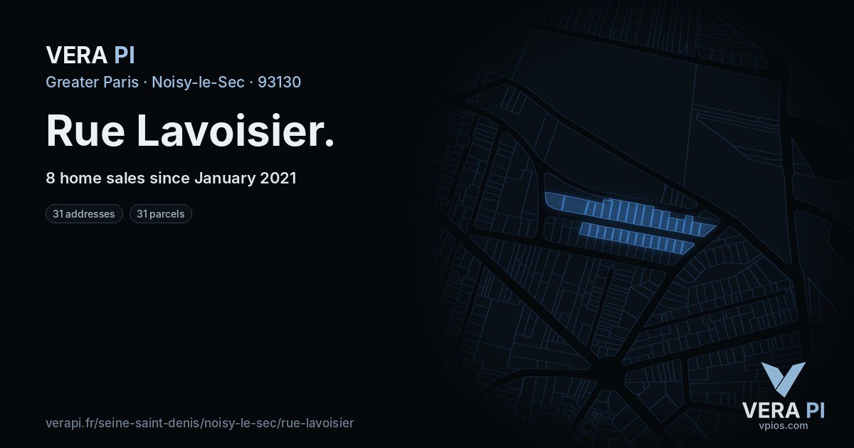 Rue Lavoisier, Noisy-le-Sec at night – every parcel coloured by the prices around it, the street's own parcels lit