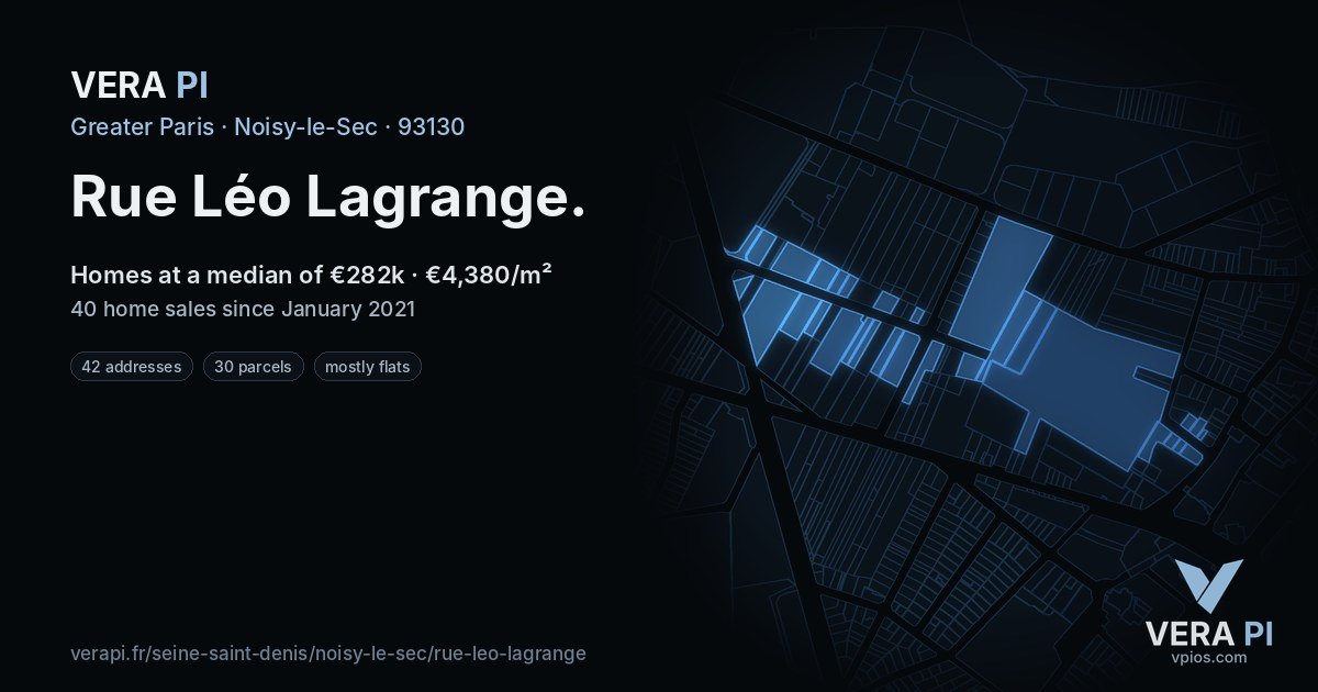 Rue Léo Lagrange, Noisy-le-Sec at night – every parcel coloured by the prices around it, the street's own parcels lit