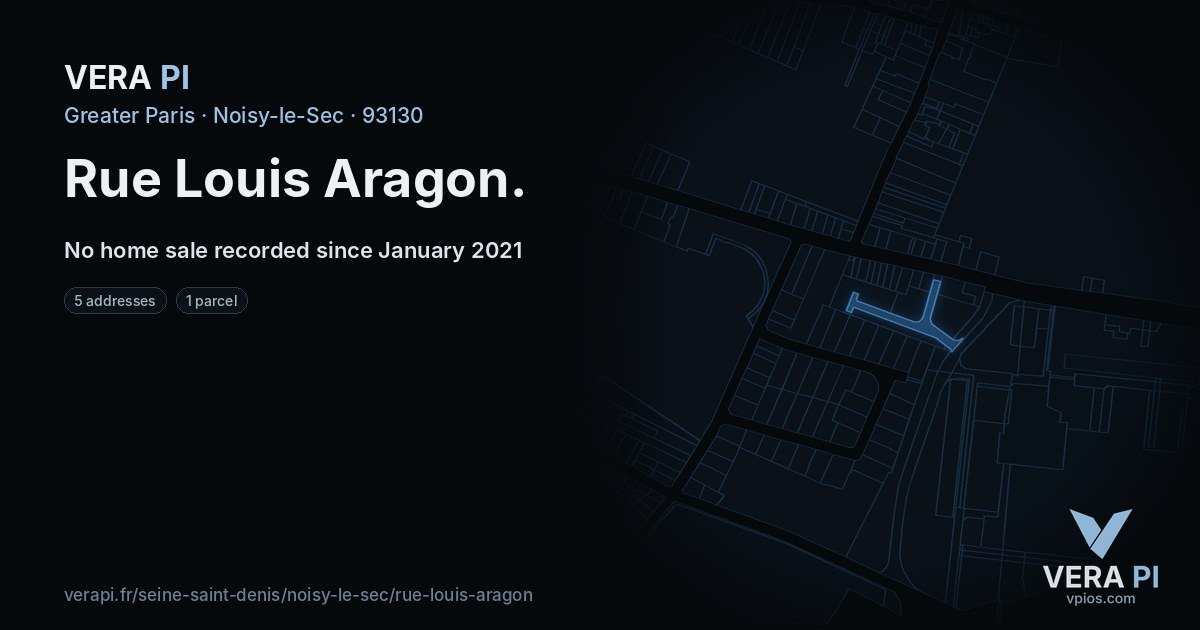 Rue Louis Aragon, Noisy-le-Sec at night – every parcel coloured by the prices around it, the street's own parcels lit