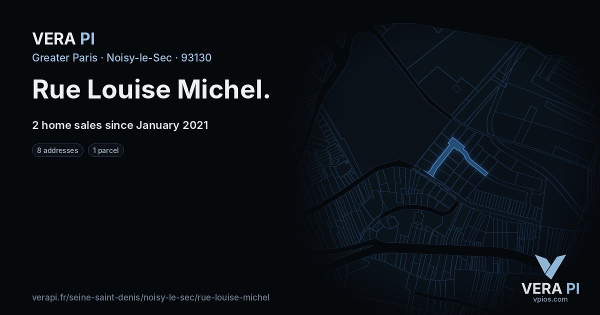 Rue Louise Michel, Noisy-le-Sec at night – every parcel coloured by the prices around it, the street's own parcels lit