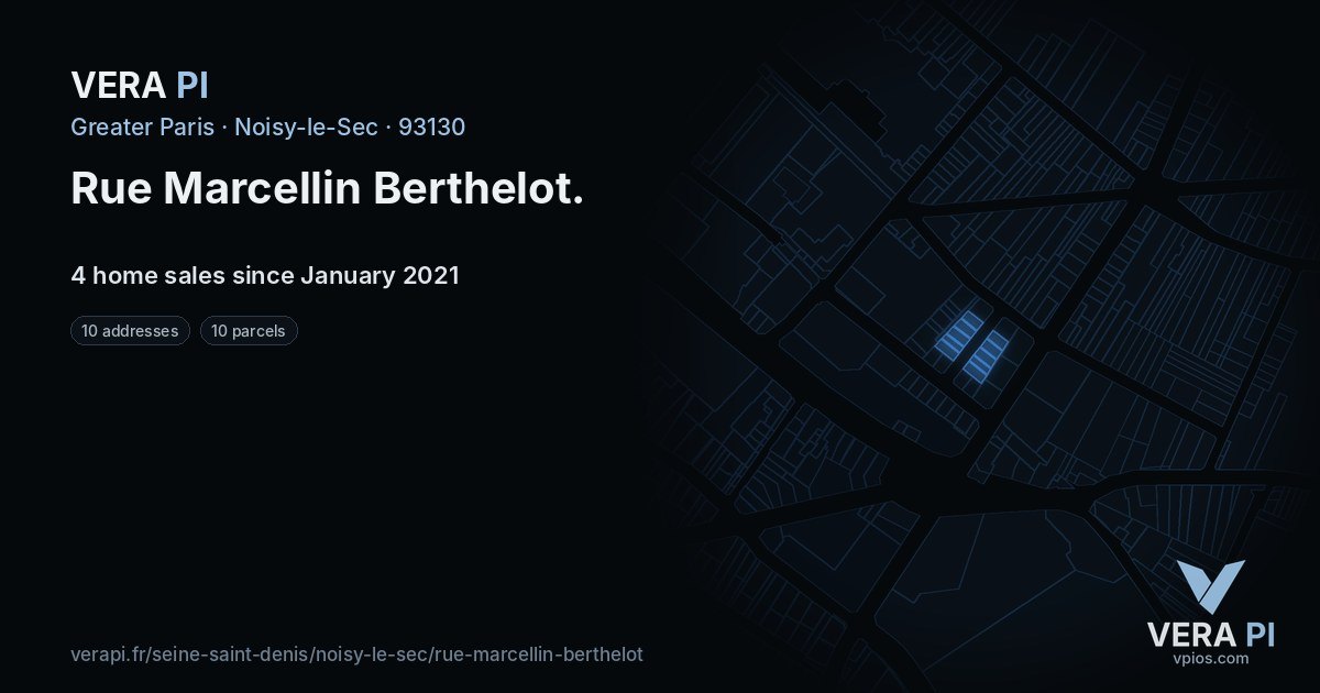 Rue Marcellin Berthelot, Noisy-le-Sec at night – every parcel coloured by the prices around it, the street's own parcels lit