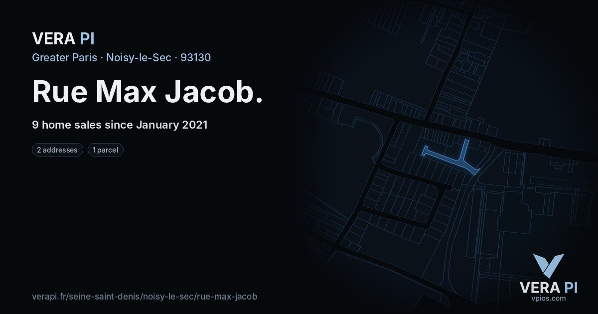 Rue Max Jacob, Noisy-le-Sec at night – every parcel coloured by the prices around it, the street's own parcels lit