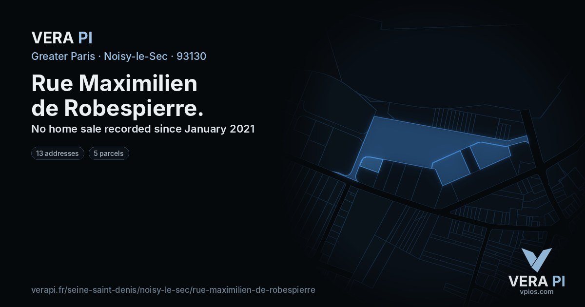 Rue Maximilien de Robespierre, Noisy-le-Sec at night – every parcel coloured by the prices around it, the street's own parcels lit