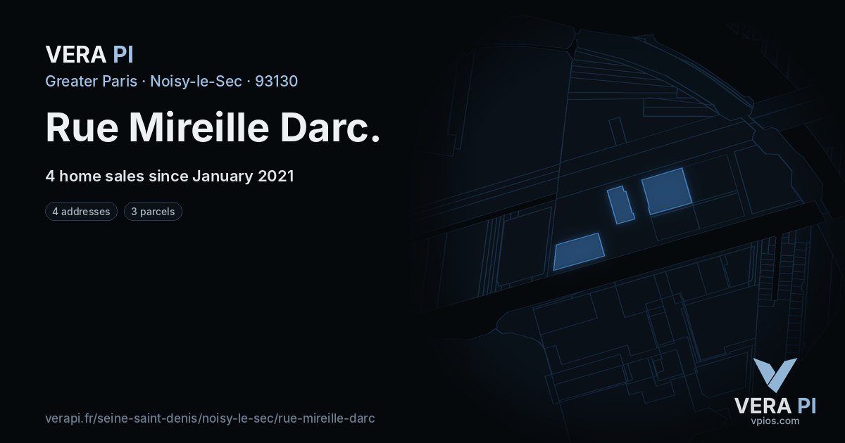 Rue Mireille Darc, Noisy-le-Sec at night – every parcel coloured by the prices around it, the street's own parcels lit