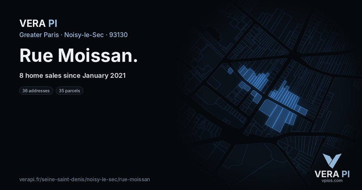 Rue Moissan, Noisy-le-Sec at night – every parcel coloured by the prices around it, the street's own parcels lit