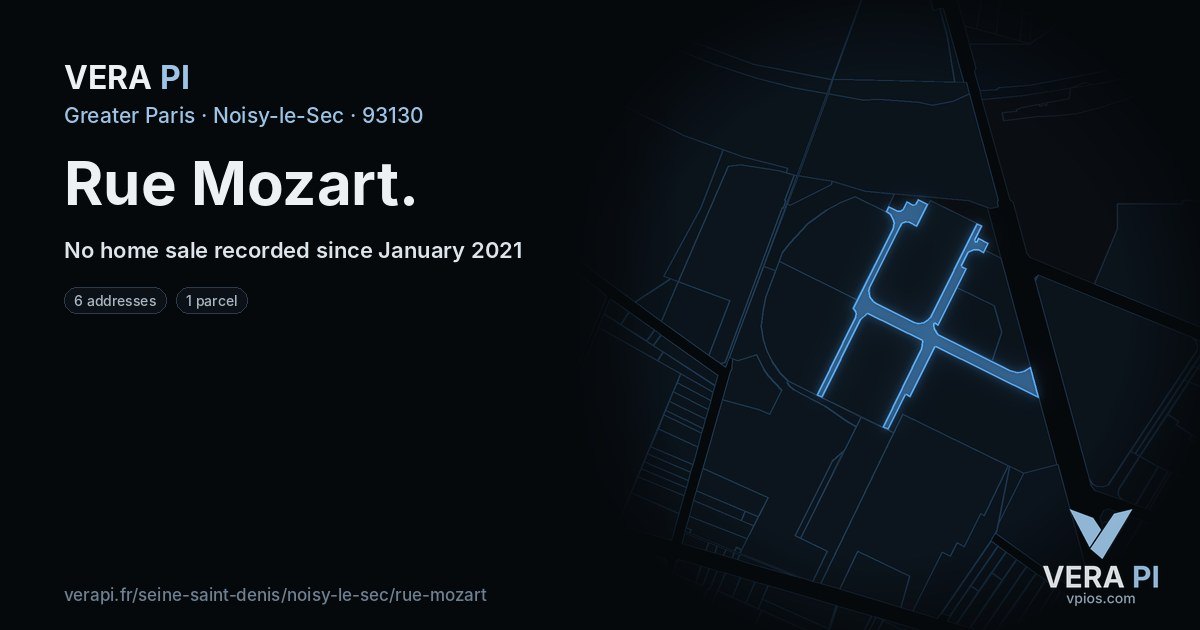 Rue Mozart, Noisy-le-Sec at night – every parcel coloured by the prices around it, the street's own parcels lit