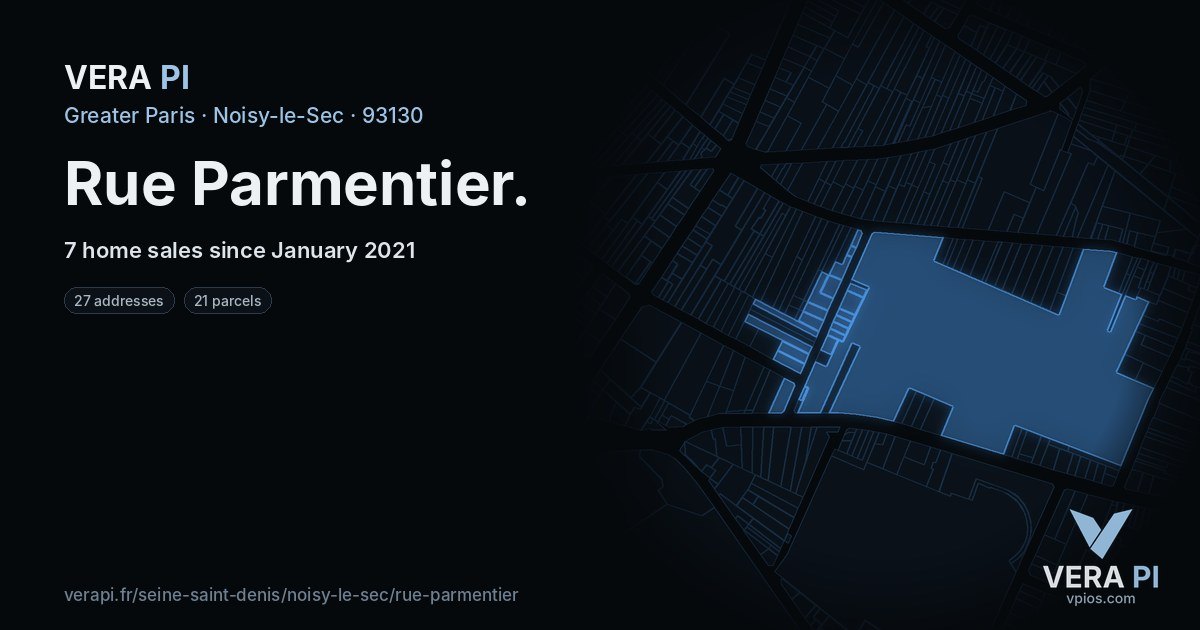 Rue Parmentier, Noisy-le-Sec at night – every parcel coloured by the prices around it, the street's own parcels lit