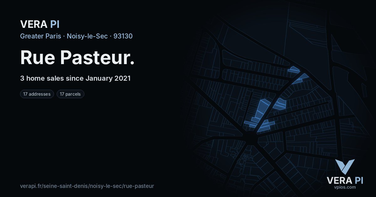 Rue Pasteur, Noisy-le-Sec at night – every parcel coloured by the prices around it, the street's own parcels lit