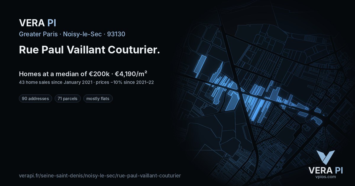 Rue Paul Vaillant Couturier, Noisy-le-Sec at night – every parcel coloured by the prices around it, the street's own parcels lit