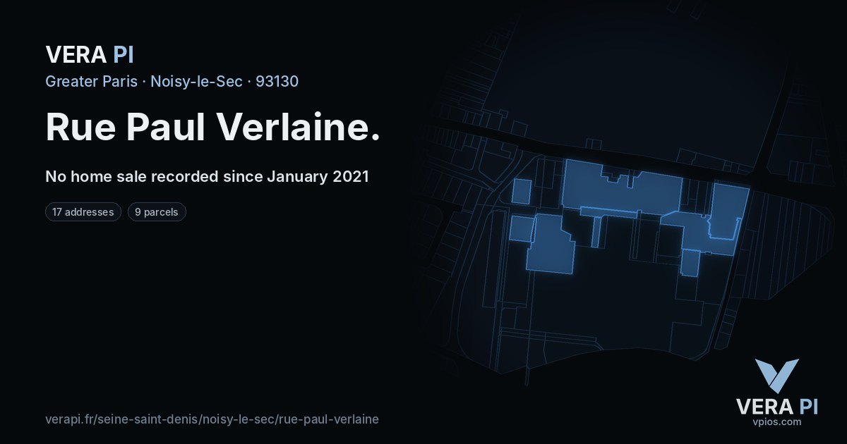 Rue Paul Verlaine, Noisy-le-Sec at night – every parcel coloured by the prices around it, the street's own parcels lit