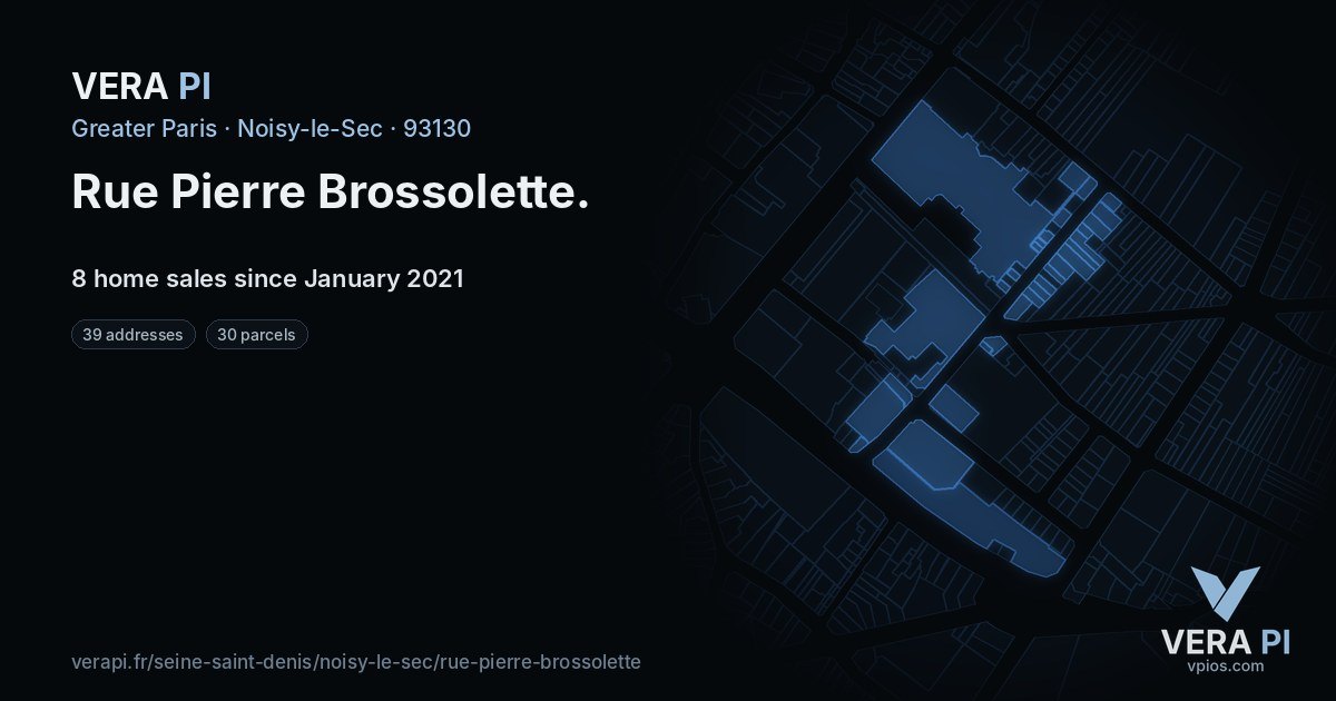 Rue Pierre Brossolette, Noisy-le-Sec at night – every parcel coloured by the prices around it, the street's own parcels lit