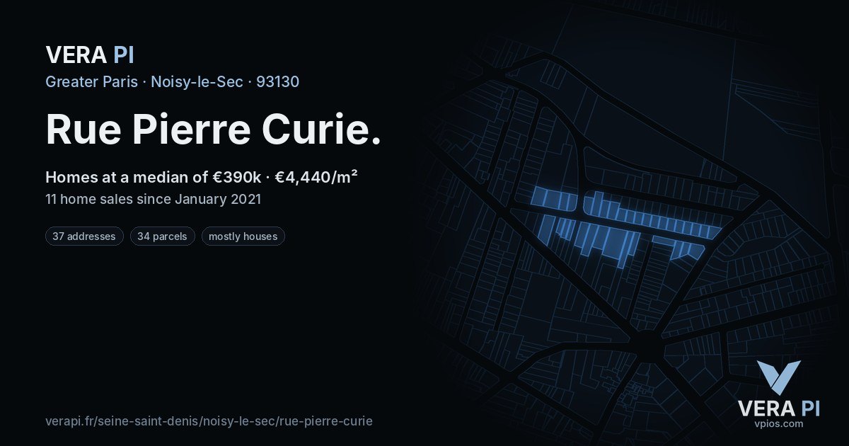 Rue Pierre Curie, Noisy-le-Sec at night – every parcel coloured by the prices around it, the street's own parcels lit