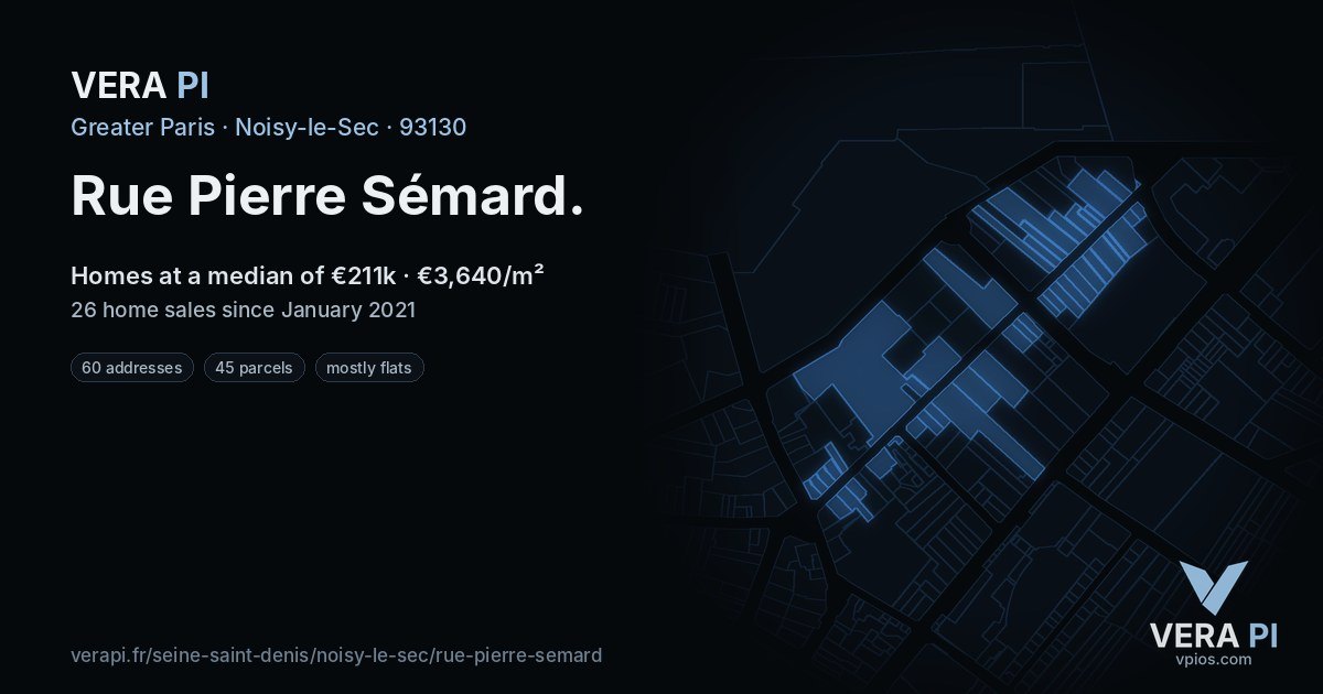 Rue Pierre Sémard, Noisy-le-Sec at night – every parcel coloured by the prices around it, the street's own parcels lit