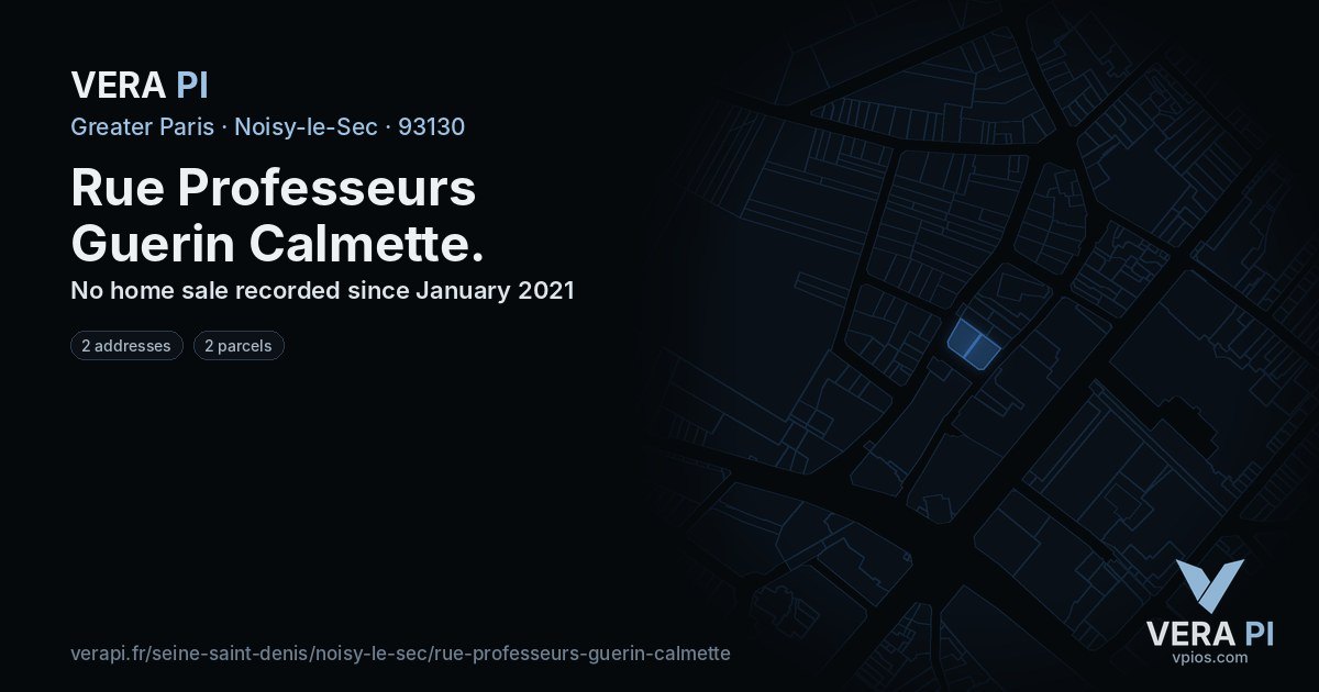 Rue Professeurs Guerin Calmette, Noisy-le-Sec at night – every parcel coloured by the prices around it, the street's own parcels lit