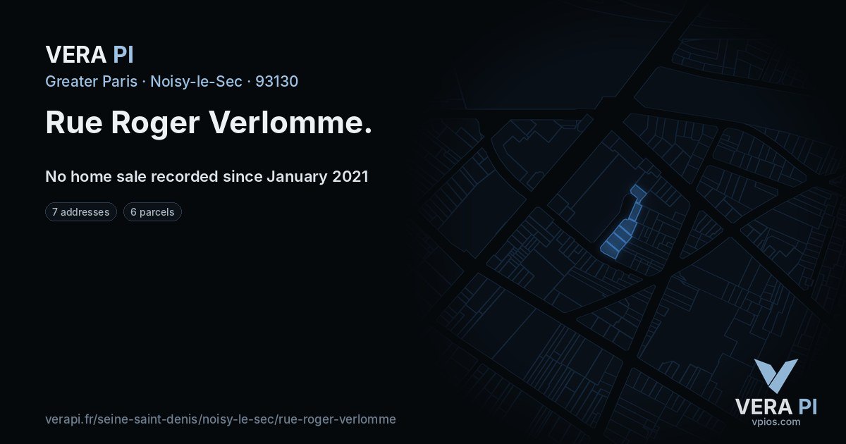 Rue Roger Verlomme, Noisy-le-Sec at night – every parcel coloured by the prices around it, the street's own parcels lit