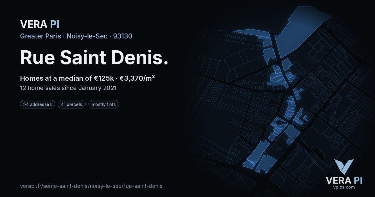 Rue Saint Denis, Noisy-le-Sec at night – every parcel coloured by the prices around it, the street's own parcels lit