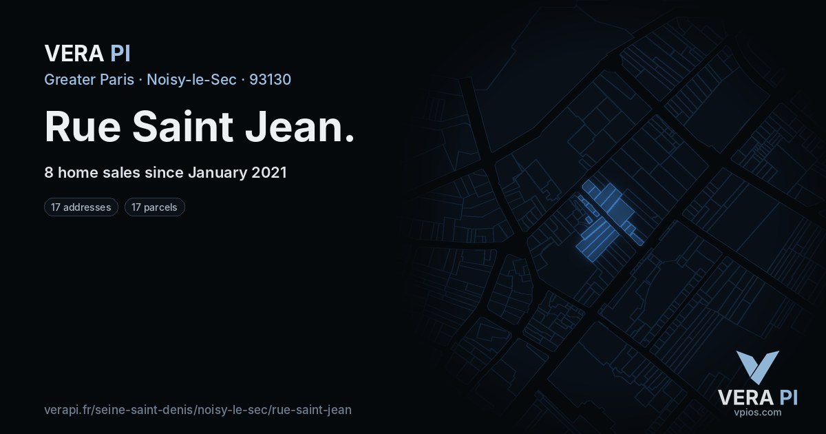 Rue Saint Jean, Noisy-le-Sec at night – every parcel coloured by the prices around it, the street's own parcels lit