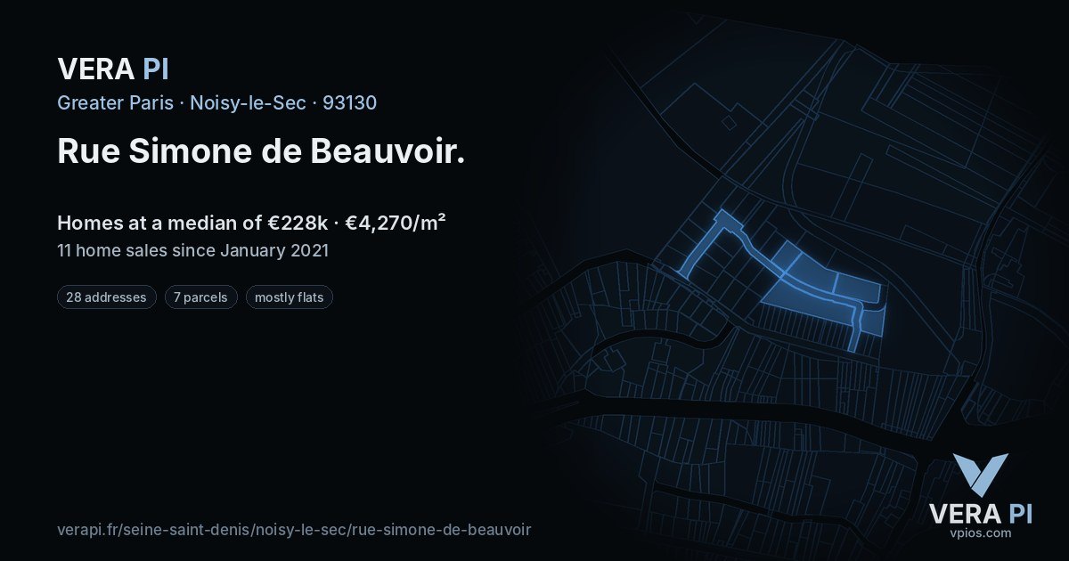 Rue Simone de Beauvoir, Noisy-le-Sec at night – every parcel coloured by the prices around it, the street's own parcels lit