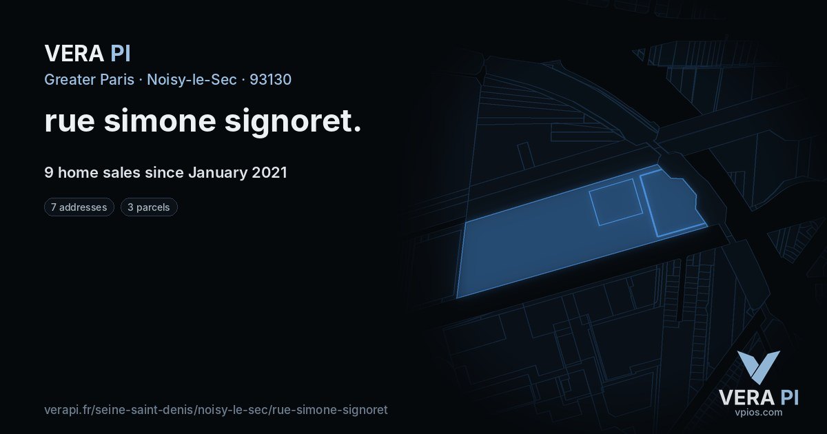 rue simone signoret, Noisy-le-Sec at night – every parcel coloured by the prices around it, the street's own parcels lit