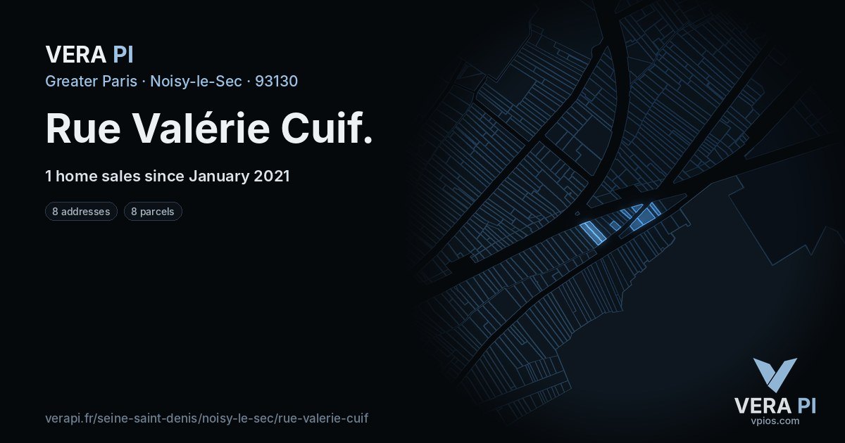 Rue Valérie Cuif, Noisy-le-Sec at night – every parcel coloured by the prices around it, the street's own parcels lit