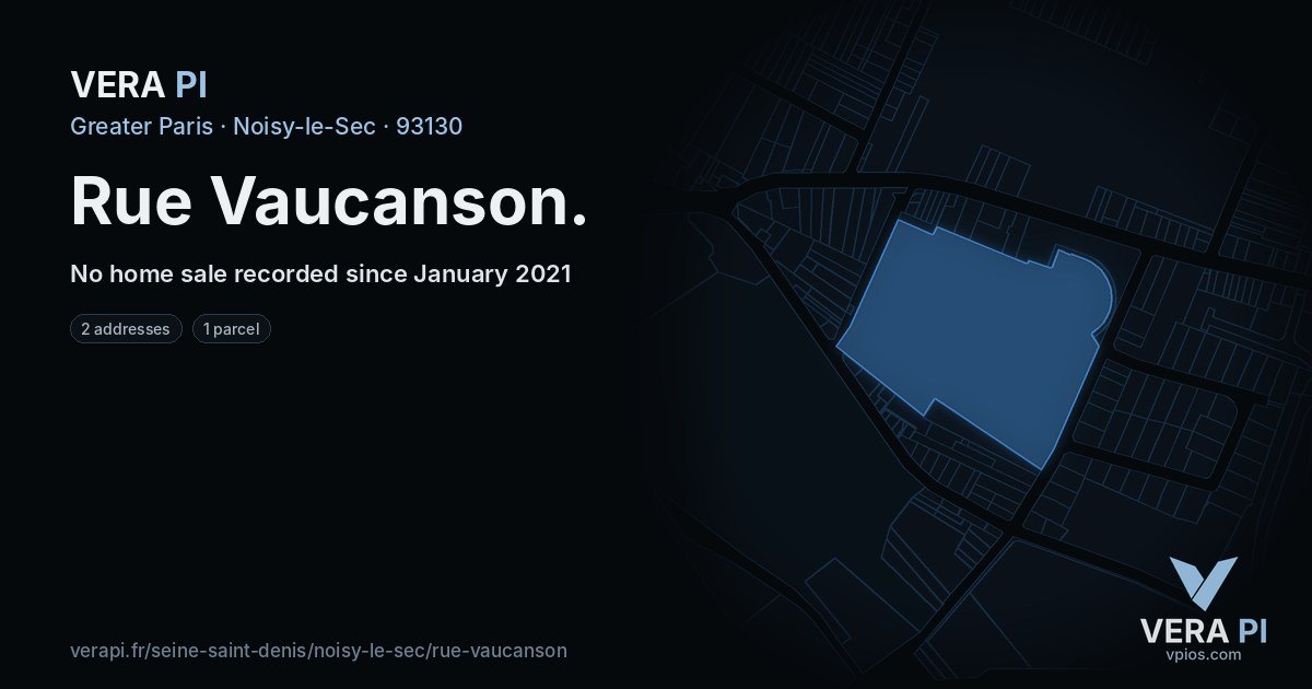 Rue Vaucanson, Noisy-le-Sec at night – every parcel coloured by the prices around it, the street's own parcels lit